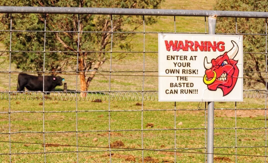 NSW Police recommend displaying signs on fences lines, gates and structures such as “Private Property, No Trespassing” and “Beware of the Dog” (no mention of bulls though).