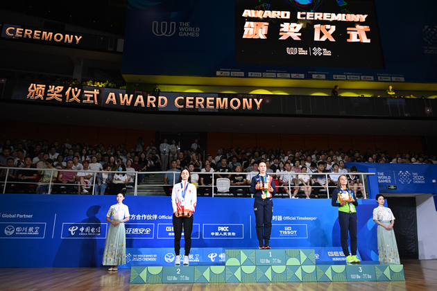 (SP)CHINA-CHENGDU-THE WORLD GAMES 2025-KICKBOXING-WOMEN'S POINT FIGHTING -50KG-VICTORY CEREMONY (CN)