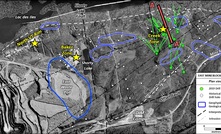  Plan-view image of the LDI property showing the location of historical drill hole collars in the EMB target area and the traces of recent drill holes in the vicinity of the Creek Zone