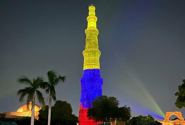 Qutub Minar lit up in Colombia's national flag