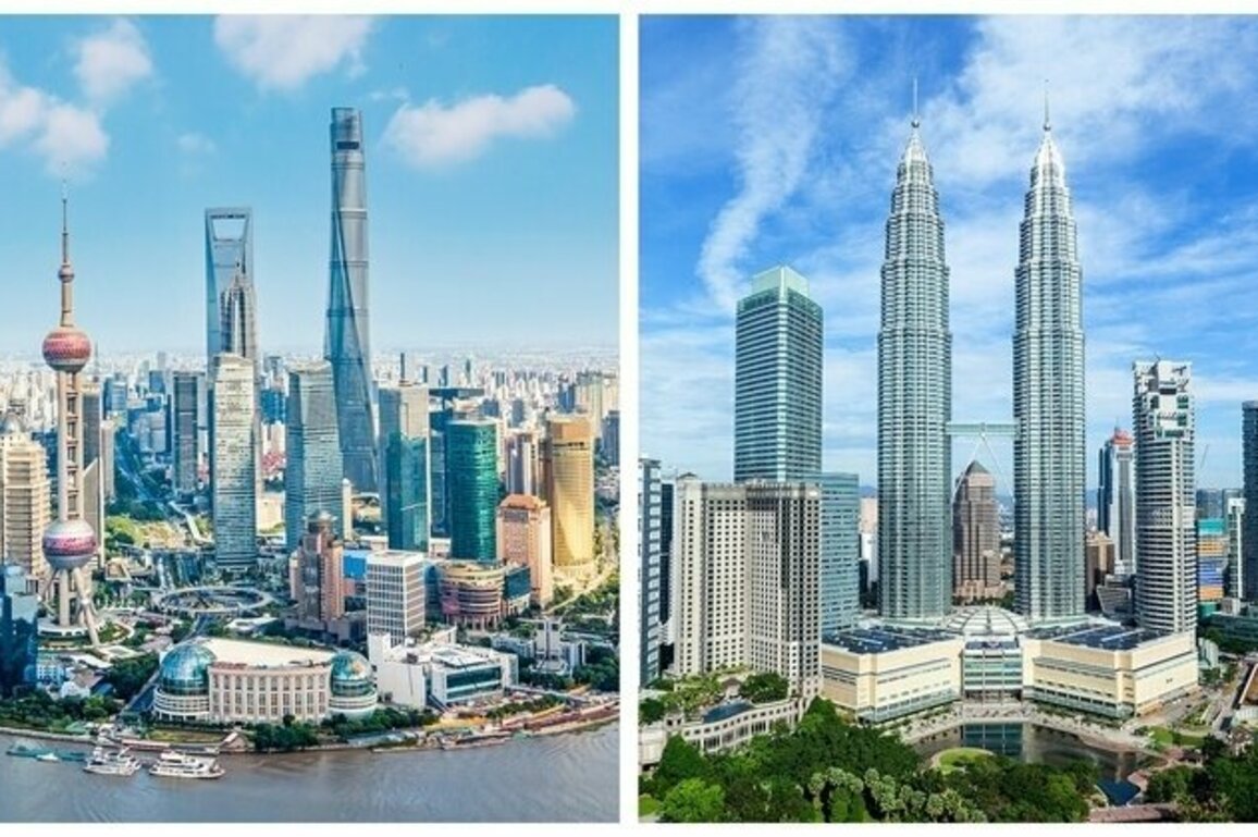 Financial landmarks of Shanghai and Kuala Lumpur caress the clouds