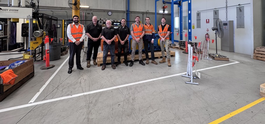 Steve Lewry and Adam Lees (Ontrak Engineering) pictured with Justin Towel and Harry Singh (Bonfiglioli), as well as members of HMA Group during the FAT at Bonfiglioli’s factory in Sydney