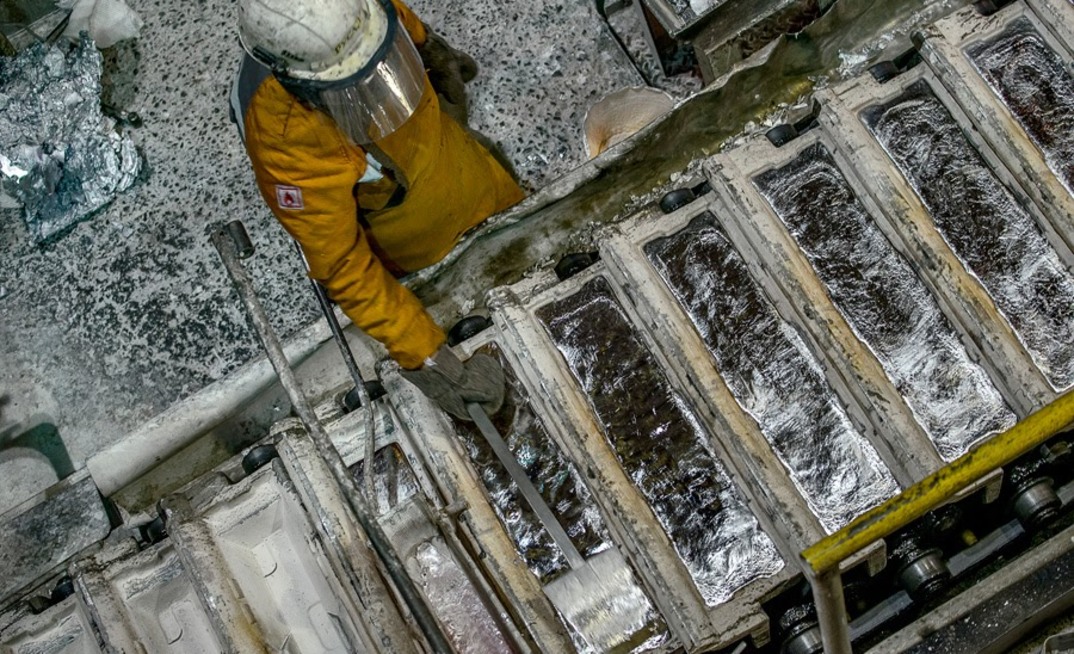 A worker at Rusal's Krasnoyarsk aluminium smelter