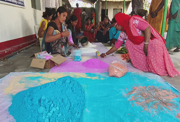 Women of Ganga Mahila SHG in Balrampur prepare eco-friendly herbal gulal for Holi