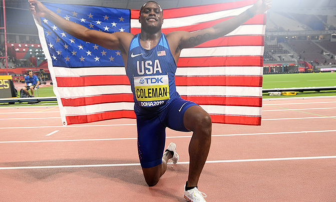 Brilliant Coleman blasts to 100m gold in Doha Brilliant Coleman blasts to 100m gold in Doha