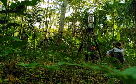 Sylvera team members use a terrestrial laser scanner to make a 3D scan of a Peruvian forest / Credit: Miro Demol, Lidar Scientist at Sylvera