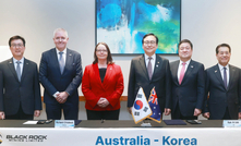 Australian resources minister Madeleine King and Black Rock chair Richard Crokes with Posco chair Chang In-hwa, CEO CEO Lee Kye-in and South Korean trade minister Cheong In-kyo. Credit: Black Rock.