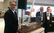 Woodside COO Mike Utsler, WA's new petroleum minister Sean L'Estrange and Siem Offshore CEO Idar Hillersoy at LNG18 with the PSV model.