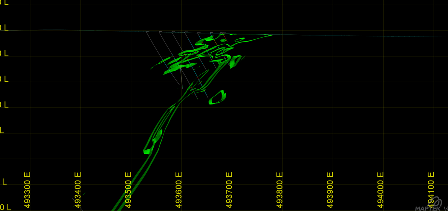 Cross-section view of the 1000ppm copper indicator model created by DomainMCF showing untested potential extensions at depth. Credit: Maptek