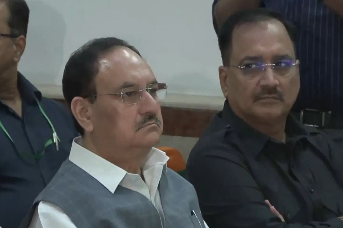 BJP National President JP Nadda along with other ministers listens to PM Modi's Mann Ki Baat 127th edition in Delhi