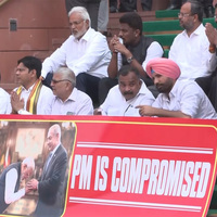 Parliament Budget Session: Oppn MPs stage protest at Makar Dwar, hold 'PM is compromised' banner