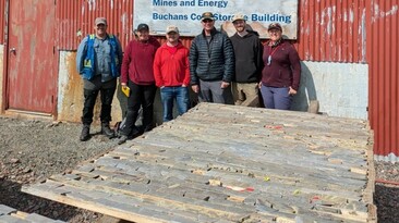 Sampling historical drillcore from core libraries in Newfoundland. (L to R) Steve Piercey (Memorial University); Hannah Grant (BGS); Steve Hollis (University of Edinburgh); Mark Cooper (BGS); Philippe Mongeau (University of Edinburgh), and Katie McFall (UCL)
