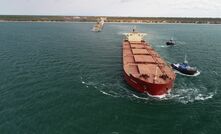 The first shipment of bauxite from Amrun being carried on the RTM Weipa.