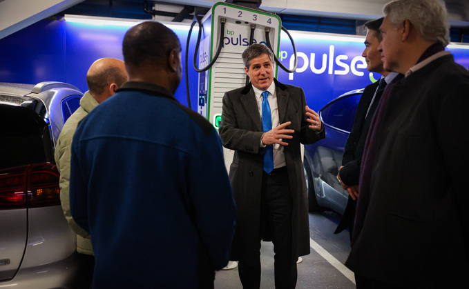 Transport Minister Anthony Browne visits BP Pulse's Q-Park charging hub in Pimlico | Credit: Department for Transport