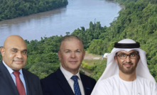 Political turmoil and LNG uncertainty in PNG loom large over ADNOC’s bid for Santos.** *Pictured: Kumul Petroleum’s James Marape, Santos CEO Kevin Gallagher and ADNOC’s Dr Sultan Al Jaber.