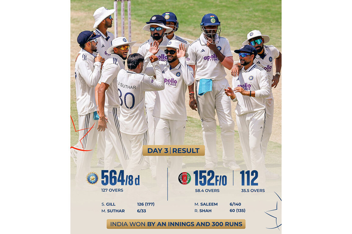 Suthar, Washington spin web as India register biggest innings win in Tests, crush Afghanistan in one-off match