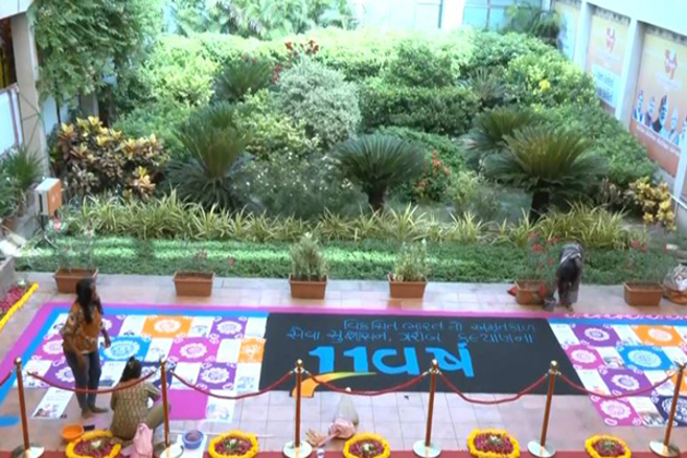 Gandhinagar: BJP office decorated with rangolis as Union Minister CR Paatil and CM Bhupendra Patel hold press conference