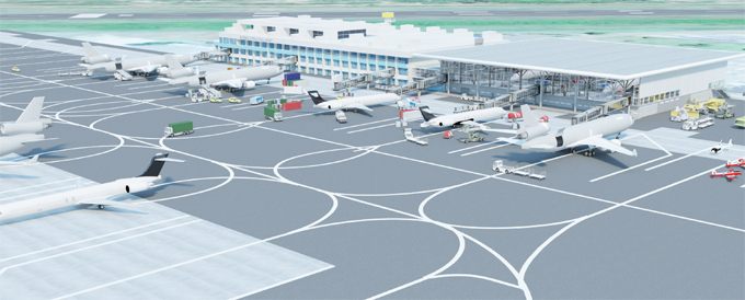n artistic impression of the expanded ircraft arking pron and airside view of the new terminal building on completion in 2021