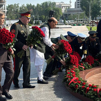 Defence Minister Rajnath Singh pays tribute to fallen heroes at Victory Square in Bishkek