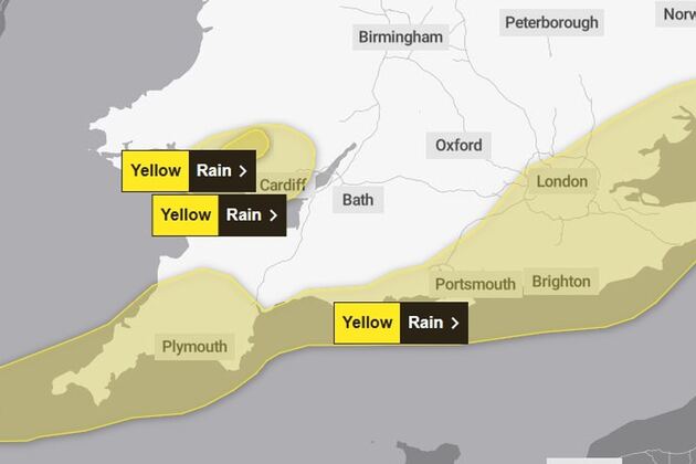 Yellow weather warning issued as three inches of rain set to drench parts of Britain within hours