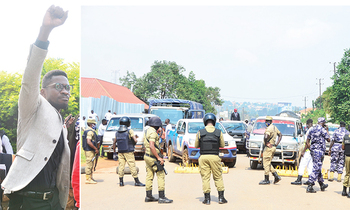 Poliisi ng’esudde emisanvu ku luguudo lw’e Gayaza, ‘Ku Mbuzi’ okutangira abawagizi ba Bobi (ku kkono) abaabadde bamugoberera mu mmotoka. Poliisi ng’esudde emisanvu ku luguudo lw’e Gayaza, ‘Ku Mbuzi’ okutangira abawagizi ba Bobi (ku kkono) abaabadde bamugoberera mu mmotoka.