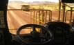 A view from inside a Caterpillar truck operating autonomously.