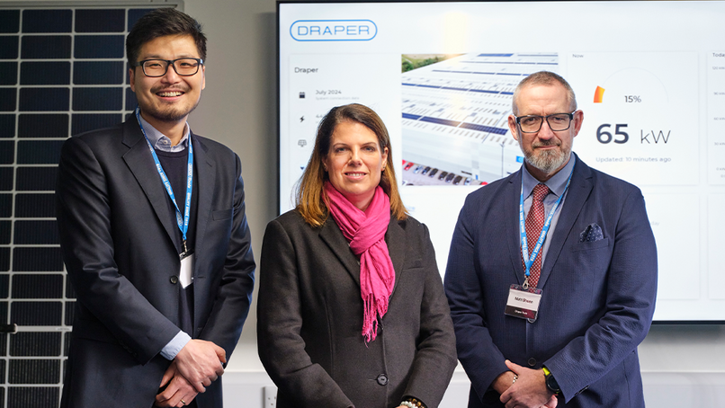  Phil Wu of Absolar, Caroline Nokes MP, and Matt Sheen, CEO of Draper Tools.