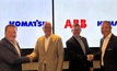 The signing of a Strategic Collaboration Agreement between ABB and Komatsu (l-r) Dan Funcannon, Komatsu; Joachim Braun, ABB Process Industries; Brian Fox, sr. vice president of Mining Strategy & Innovation, Komatsu; and Max Luedtke, global business line manager for mining, ABB Process Industries. Credit: Komatsu