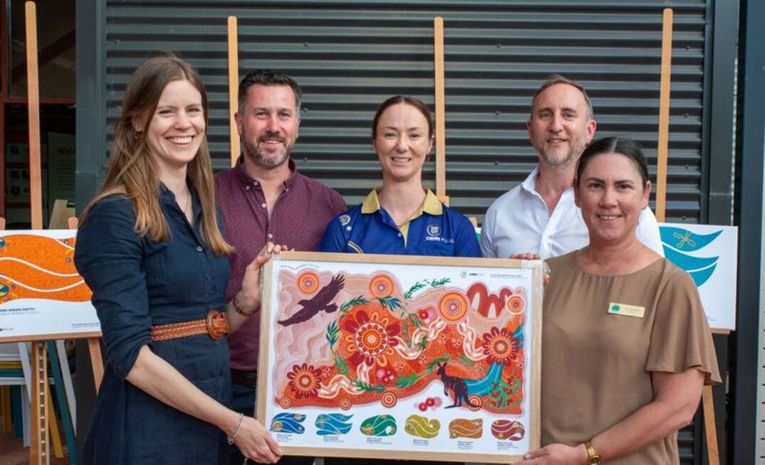 Jemima Pryor (left), Simon Schmid, Annika Turnbull, James Koerting and Tara Schmidt with one of the artworks.