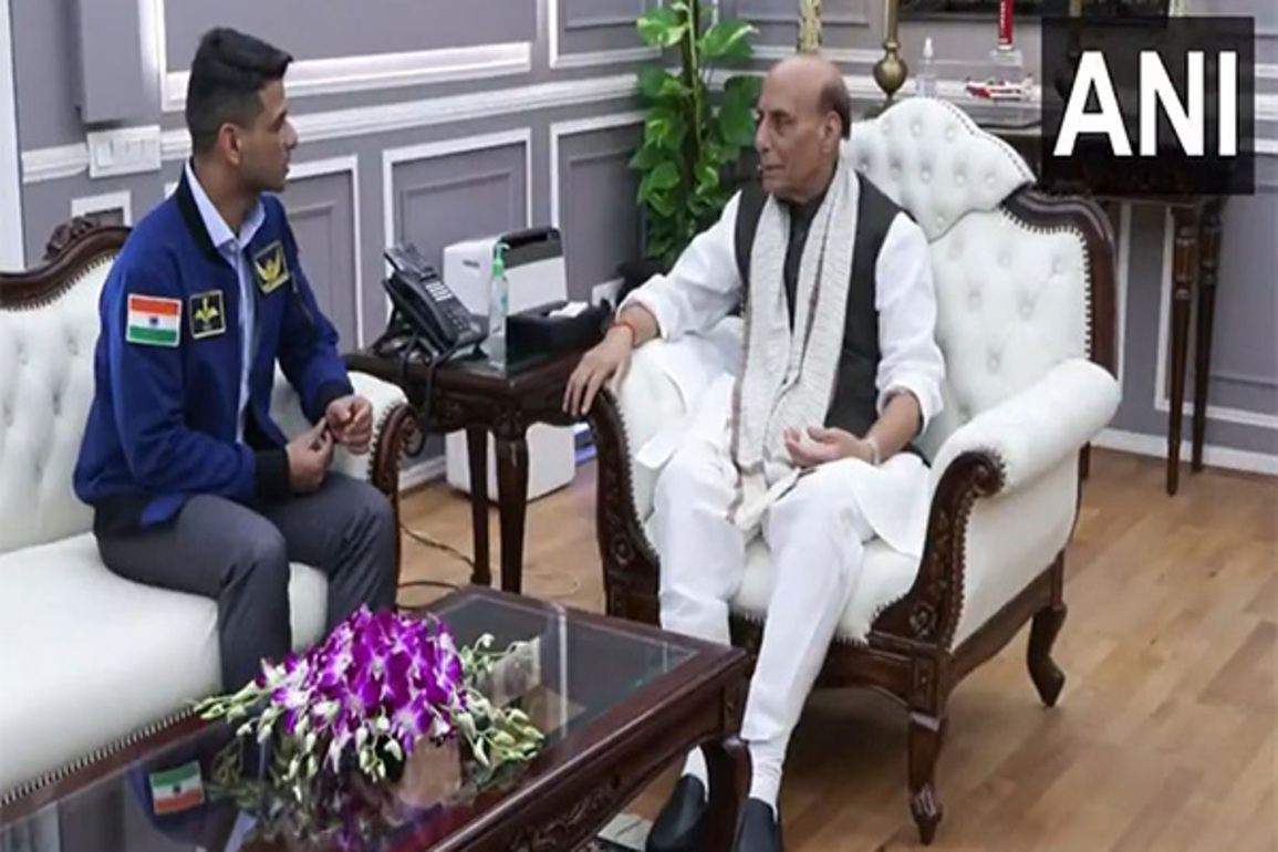 Group Caption Shubhanshu Shukla meets Defence Minister Rajnath Singh
