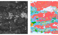 SEM BSD image (grey) and Mineralogic classified mineralogy map of the same section (color). Such analyses provide mineral identification with quantified chemical analysis, helping to overcome issues raised by the presence of solid solutions. Simultaneously, data on the morphology of the phases present, and their quantified association to other phases, is produced, thus providing a numerical description of their textural relationships.