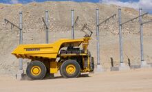 A Komatsu truck on trolley assist at the company's Arizona proving grounds. This is not the truck in the power agnostic trial. Komatsu declined to share a photo of that truck because visible components were still under development.