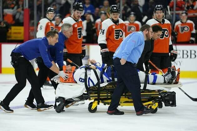 Maple Leafs D Chris Tanev exits by stretcher during win over Flyers