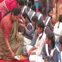 Delhi CM Rekha Gupta perform 'Kanya Pujan' at Sarvodaya Kanya Vidyalaya in Shalimar Bagh