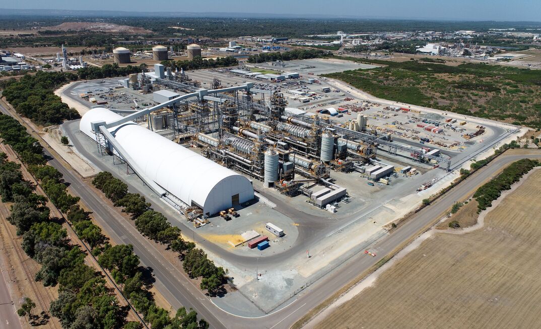 An aerial view of Covalent Lithium's lithium hydroxide refinery in Kwinana