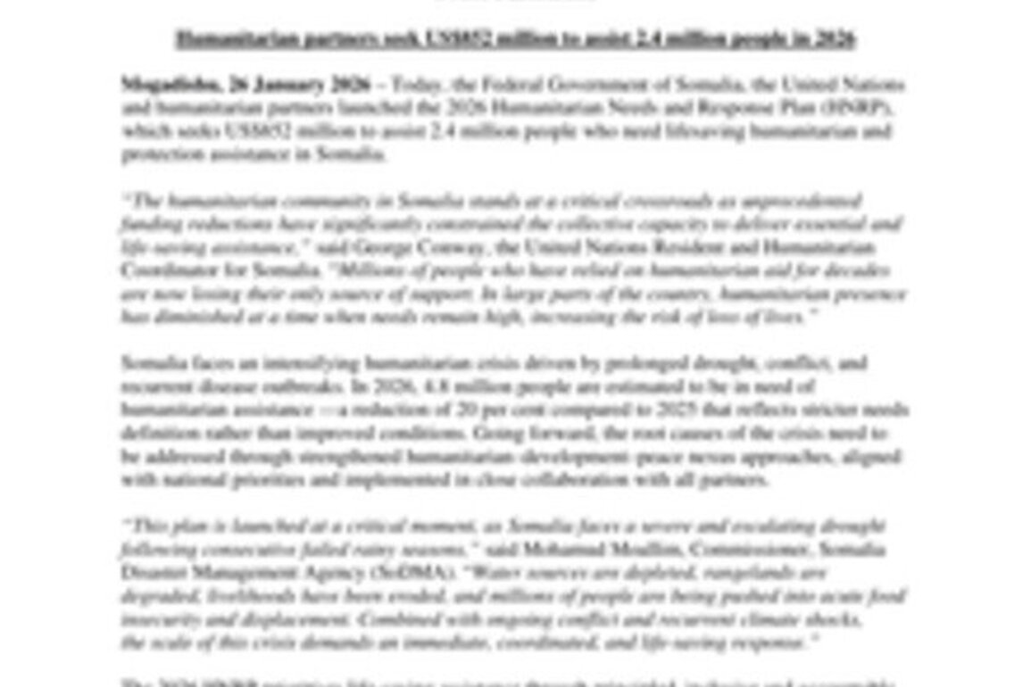Somalia: Humanitarian partners seek US$852 million to assist 2.4 million Somalis in 2026