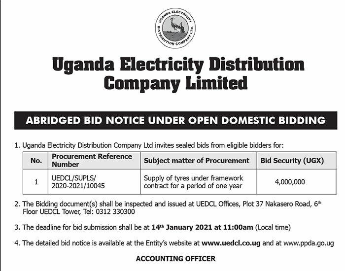 Bid notice from Uganda Electricity Distribution Company Ltd New
