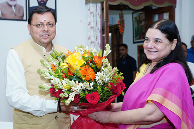 Maneka Gandhi meets Uttarakhand CM Dhami at his official residence