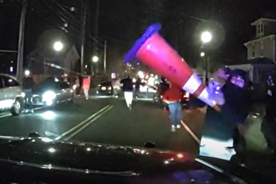 Video- Conn. cruiser damaged, windshield broken with officers inside during street takeover