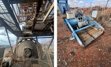 (Left) Mill feed chute removed for rubber lining. (Right) Tailing screen removed to replace the underpan.