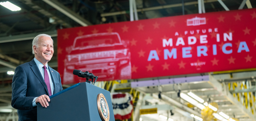 US president Joe Biden at the General Motors electric vehicle assembly plant in Detroit in 2021. Credit: White House/Adam Schultz