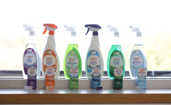 Tesco's new cleaning spray bottle range can be refilled by mixing concentrated solution capsules with water | Credit: Tesco 
