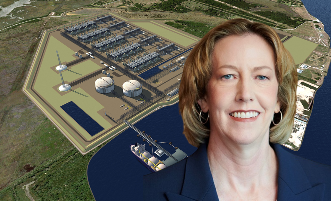 Woodside CEO Meg O’Neill in front of the 16.5 mtpa Louisiana LNG project slated to start up in 2029