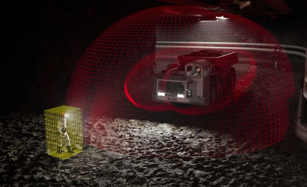 An illustration of a mine worker being detected by a mine truck’s collision-avoidance system.