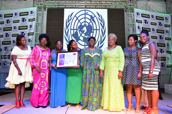 he speaker ebecca adaga and some of the awardees of the night at the womens day banquet at serena kamapala hotel on march 03 2016 hoto by iriam amutebi