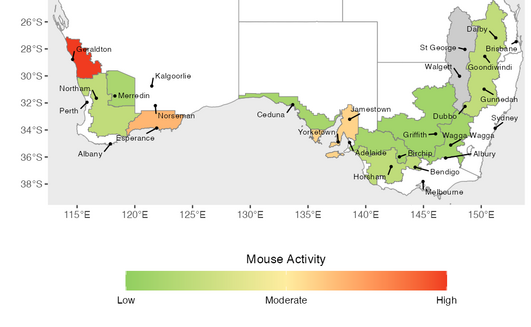 Estimated relative mouse activity in Winter 2026 (June - August) across each GRDC agro-ecological zone (broad regions defined by similar climate, soils, and farming systems).