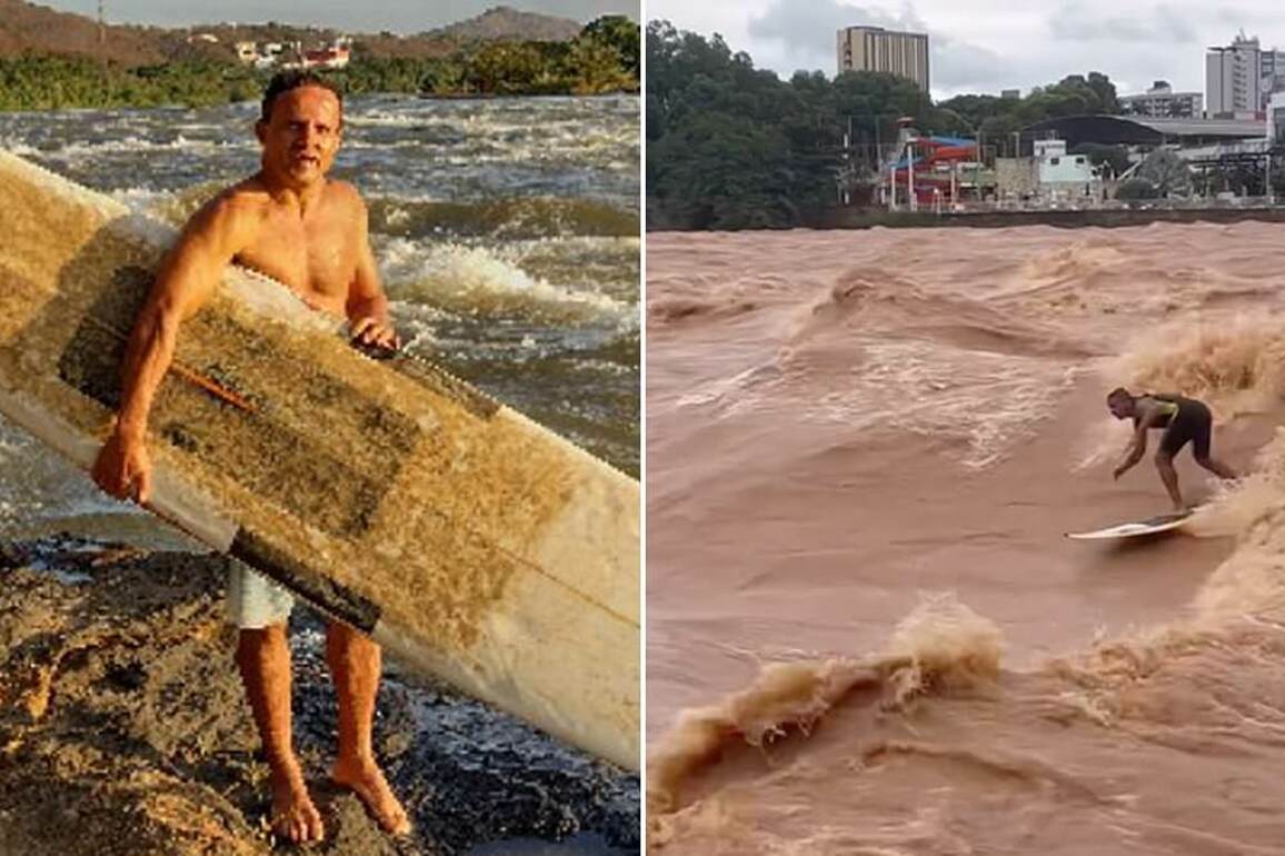 Daredevil takes advantage of dangerous flooding to surf raging river rapids