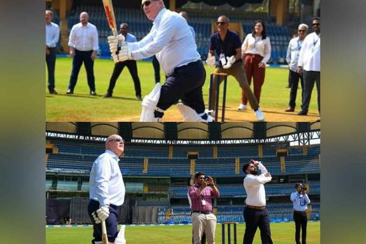 NZ PM Luxon plays cricket with spinner Ajaz Patel at Wankhede Stadium