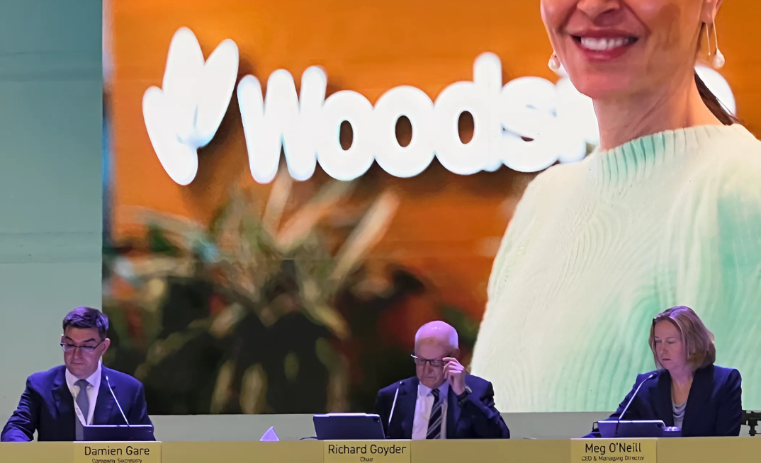Woodside chair Richard Goyder, CEO Meg O'Neill and company secretary Damien Gare front investors at the 2025 AGM.