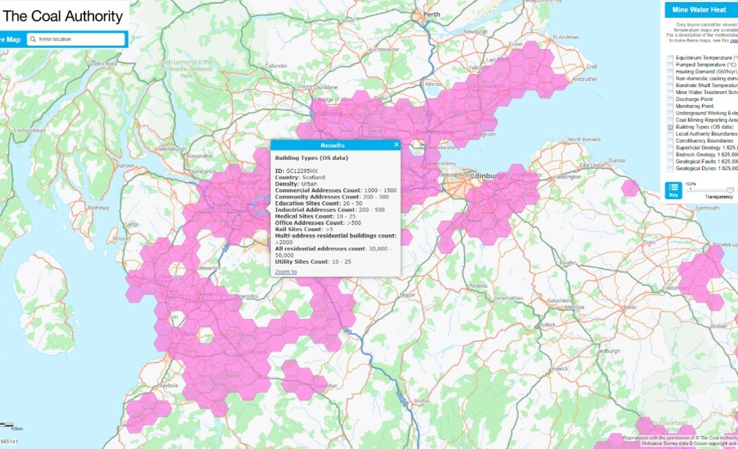 An extract from the interactive map viewer showing heating demand in Britain over recorded abandoned coal mine workings (Reproduced with the permission of © The Coal Authority. All rights Reserved. Ordnance Survey data © Crown copyright and database right 2023)